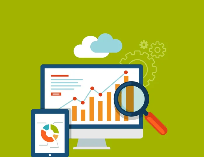 Illustration of search engine optimisation: rankings graph climbing under a magnifying glass